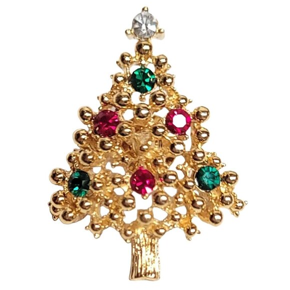 Gold Tone Red Green Rhinestone Christmas Tree Lapel Pin - Picture 6 of 6
